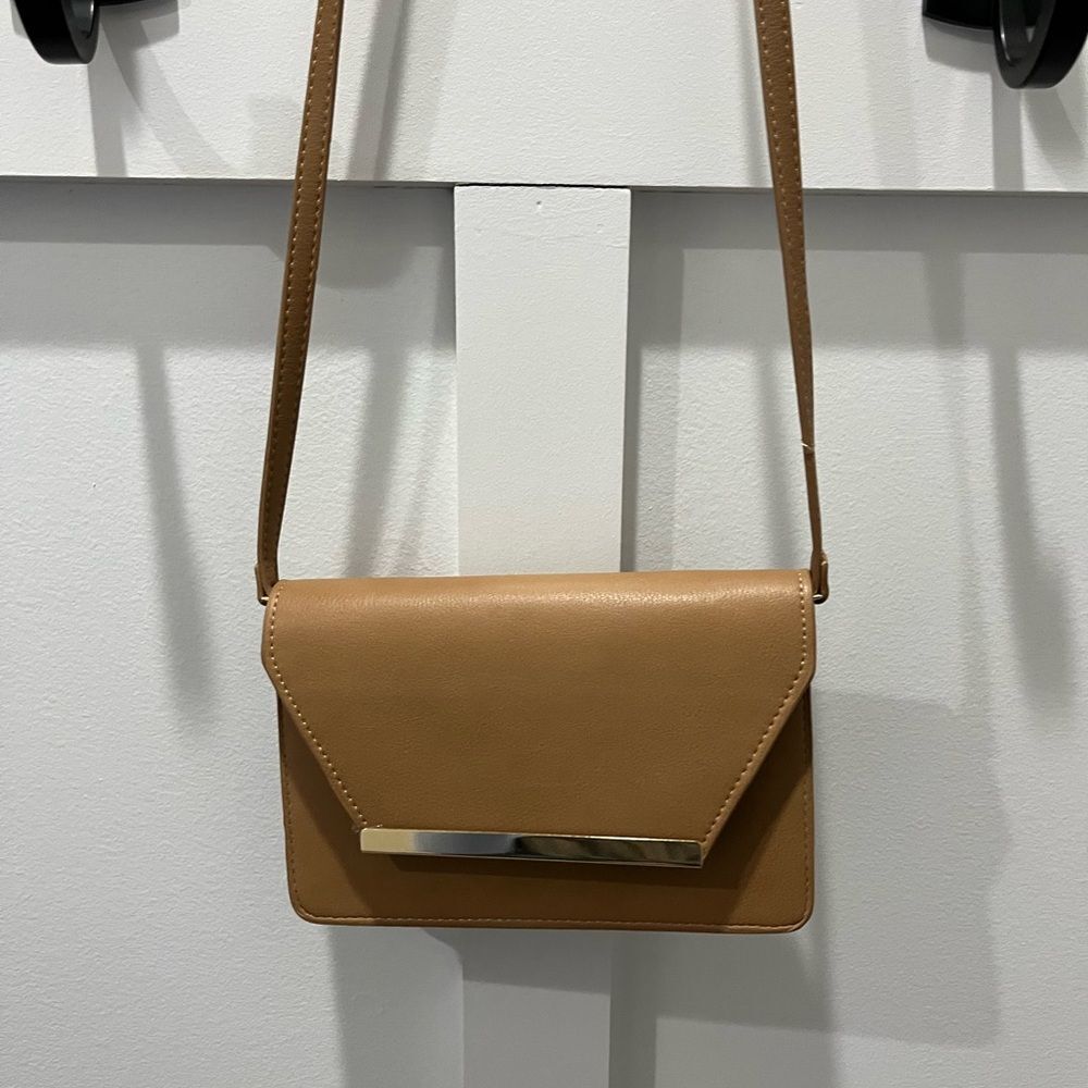 Madison West Tan Crossbody Bag with Flap Closure